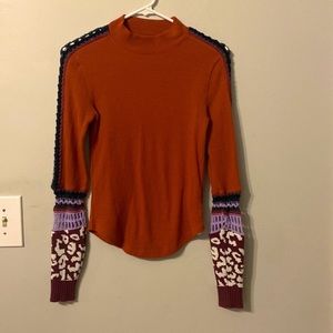 Free People Top XS In The Mix Thermal Crochet Cuff Waffle Shirt Orange